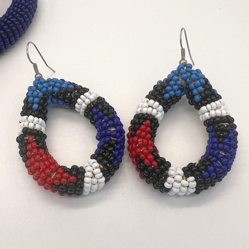 Handmade Seed Bead Crochet Bangle Bracelets Earrings Red White Blue Vintage - Picture 2 of 10